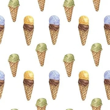Ice cream seamless pattern. Bubblegum, chocolate, banana, lemon, pistachio or Stock Illustration