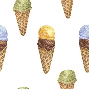 Ice cream seamless pattern. Bubblegum, chocolate, banana, lemon, pistachio or Stock Illustration