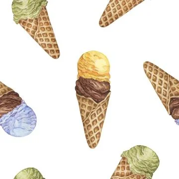 Ice cream seamless pattern. Bubblegum, chocolate, banana, lemon, pistachio or Stock Illustration