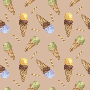 Ice cream seamless pattern. Bubblegum, chocolate, banana, lemon, pistachio or Stock Illustration