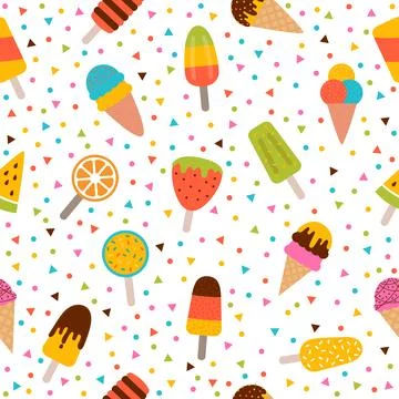 Ice cream seamless pattern. Cute colorful summer background. Delicious cart.. Stock Illustration