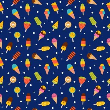 Ice cream seamless pattern. Cute colorful summer background with snowflakes.. Stock Illustration