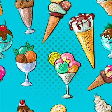 Ice cream seamless pattern different type n blue dot background Stock Illustration