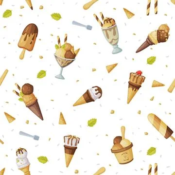 Ice Cream Seamless Pattern, Fresh Cold Summer Tasty Desserts Background 스톡 일러스트