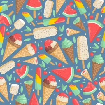 Ice cream seamless pattern. Ice creams in waffle cones on blue background. Ice Stock Illustration
