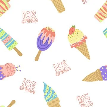 Ice cream seamless pattern with lettering. Flat, cartoon, vector Stock Illustration