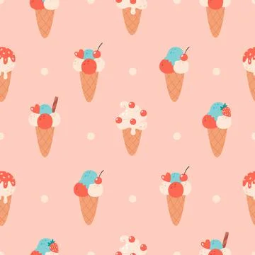 Ice cream seamless pattern. Vanilla ice cream in waffle cone with cherry Иллюстрация