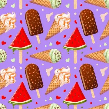 Ice cream seamless pattern. Vanilla, chocolate, mint or pistachio gelato in a Stock Illustration
