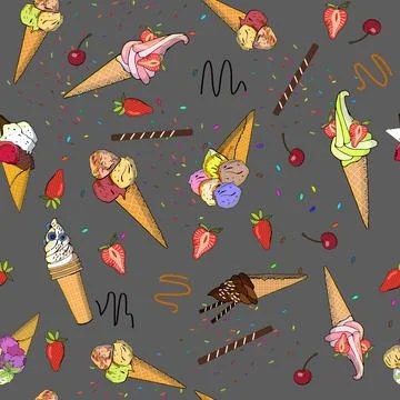 Ice cream seamless pattern. Vector illustration, hand drawn elements. Stockillustratie