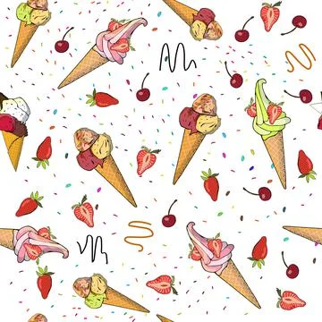 Ice cream seamless pattern. Vector illustration, hand drawn elements. Stock Illustration