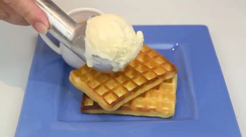 Ice Cream Served On A Waffle Stock Footage 55019140