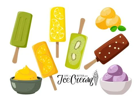 Ice cream set. Different varieties and types ice cream. Sweet delicious frozen Stock-Illustration