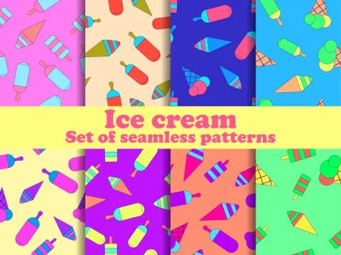 Ice cream set seamless pattern. Multi-colored ice lolly for brochures, promot Stock Illustration