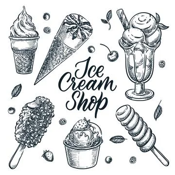 Ice cream shop design elements set isolated on white background. Vector hand 스톡 일러스트