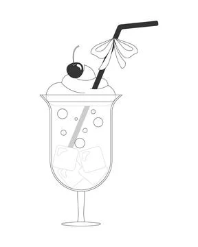 Ice cream soda float with cherry black and white cartoon clipart Stock Illustration