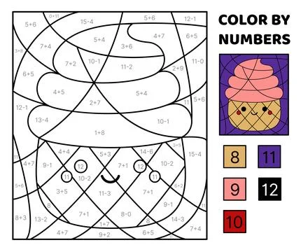 Ice cream. Solve the problem, color the picture. Addition, Subtraction. Coloring Illustrazione stock