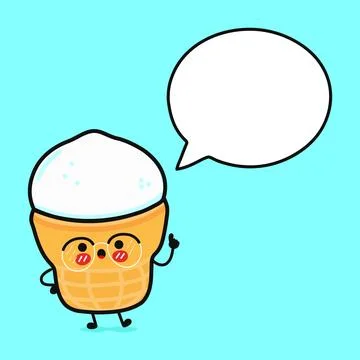 Ice cream with speech bubble. Vector hand drawn cartoon kawaii character il.. Illustrazione stock