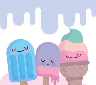 Ice cream on stick and cone menu character cartoon food cute Stock Illustration