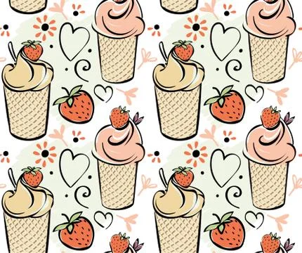 Ice cream with strawberry. seamless pattern Black white pink creame red hand 스톡 일러스트