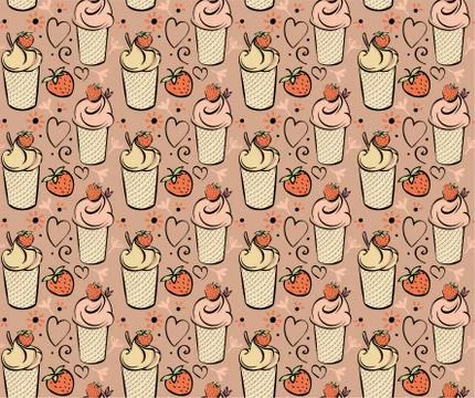 Ice cream with strawberry. seamless pattern Black white pink creame red hand Stock Illustration