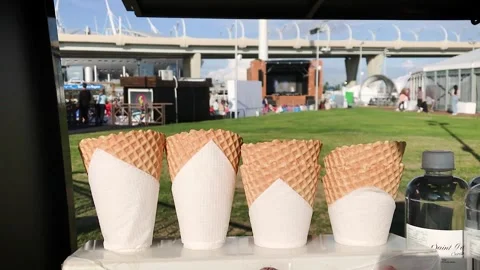 Ice cream straws waffle making street food 스톡 동영상 249350137