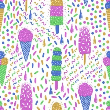 Ice-cream summer seamless pattern. Bright color. Hand drawn style. Stock Illustration