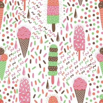 Ice-cream summer seamless pattern. Bright color. Hand drawn style. Stock Illustration