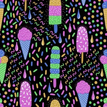 Ice-cream summer seamless pattern. Bright color. Hand drawn style. Stock Illustration