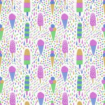 Ice-cream summer seamless pattern. Bright color. Hand drawn style. Stock Illustration
