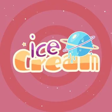 Ice Cream text logotype with ice blue ball, saturn planet. vector illustratio Stock Illustration