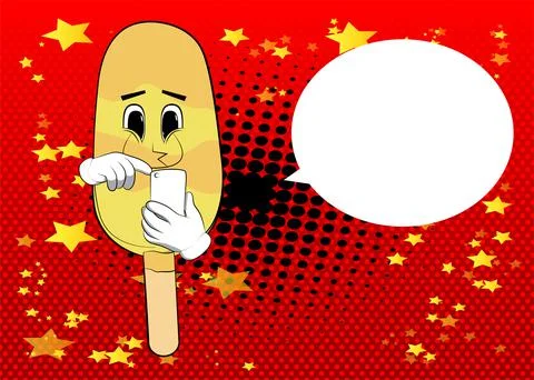 Ice Cream using a mobile phone. Summer refreshment, sweet food as a cartoon c Stock Illustration
