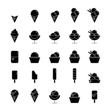 Ice cream vector set icons 5x5 | black shape icon isolated on white background Stock Illustration