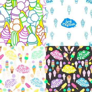 Ice cream. Vector set of sealess pattern. Sweet cold food, milk chocolate des Stock Illustration