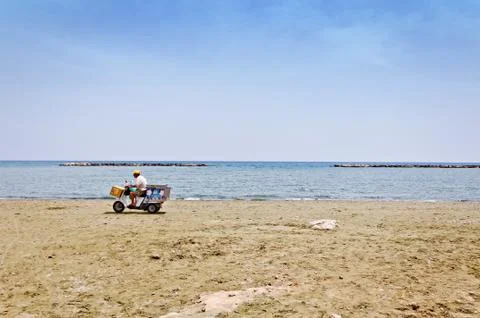 Ice cream vendor on empty beach close to Larnaca, Cyprus Stock Photos
