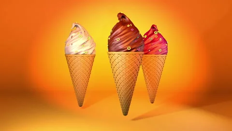 Ice cream in waffle cone with nuts and candy. 3d rendering Stock Footage 132484262