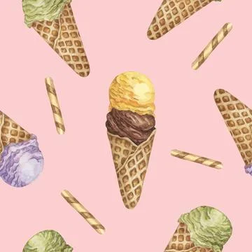 Ice cream in the waffle cone seamless pattern. Lemon, chocolate, lavender and Stock Illustration