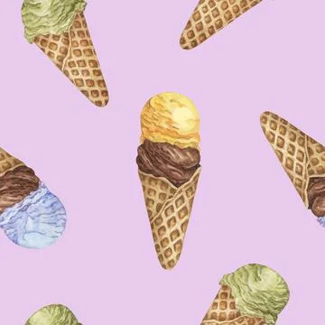 Ice cream waffle cones seamless pattern. Watercolor clipart of yellow, chocolate Stock Illustration