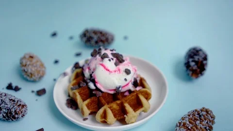 Ice cream waffle sprinkle with chocolate bits Stock Footage 126587306