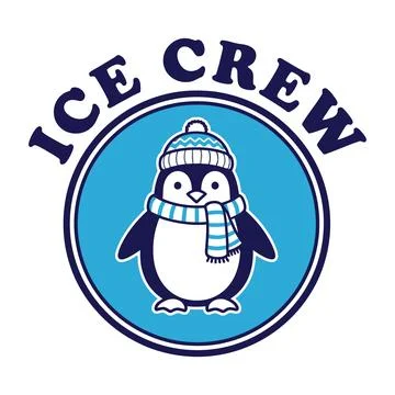 Ice Crew logo featuring a penguin in a hat and scarf tshirt design Stock Illustration