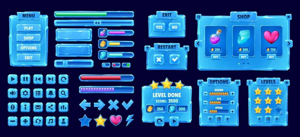 Ice crystal game interface and buttons, game asset Stock Illustration