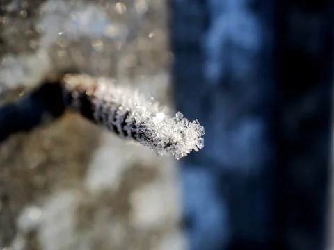 Ice crystals on a rusty self-tapping screw illuminated by the morning sun Stock Photos