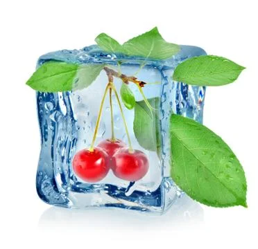 Ice cube and cherry Stock Photos