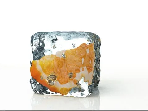 Ice cube and orange isolated on white background Illustrazione stock