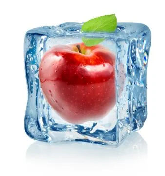 Ice cube and red apple Stock Photos