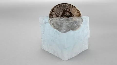 Ice cube with bitcoin inside. 3D rendring. Stock Illustration
