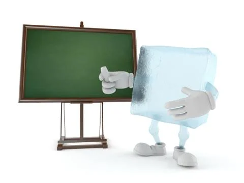 Ice cube character with blank blackboard Stock Illustration