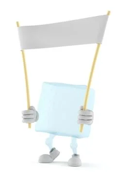 Ice cube character holding blank banner Stockillustratie