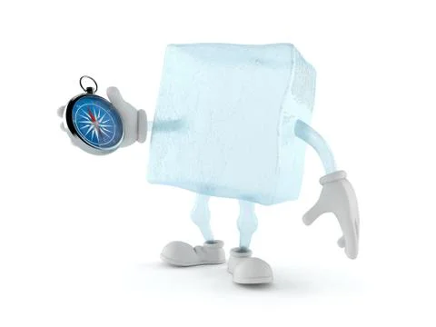 Ice cube character holding compass Stock Illustration