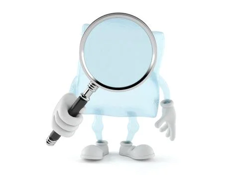 Ice cube character holding magnifying glass Stock Illustration