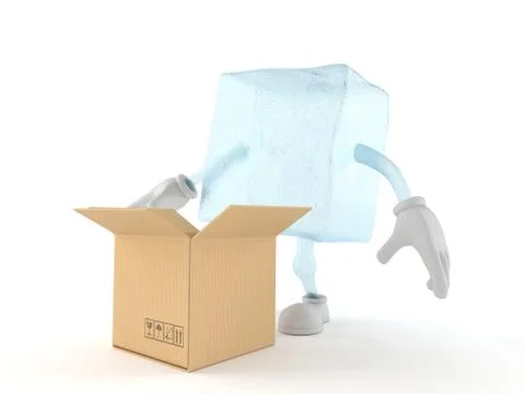 Ice cube character with open cardboard box Stockillustratie